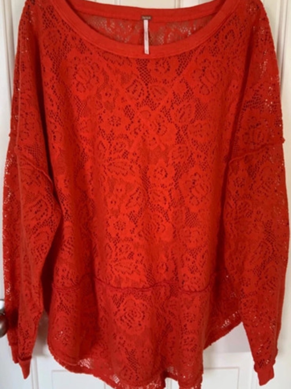Free People Bright Red Crochet Openwork Sweater